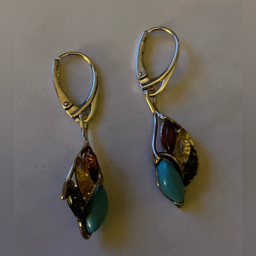 Sterling multi colored amber and turquoise lever back drop earrings